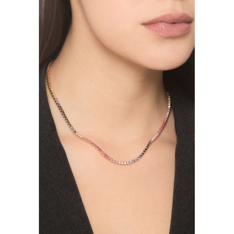 Tennis Halskette Saphir 18K Gold Rainbow 