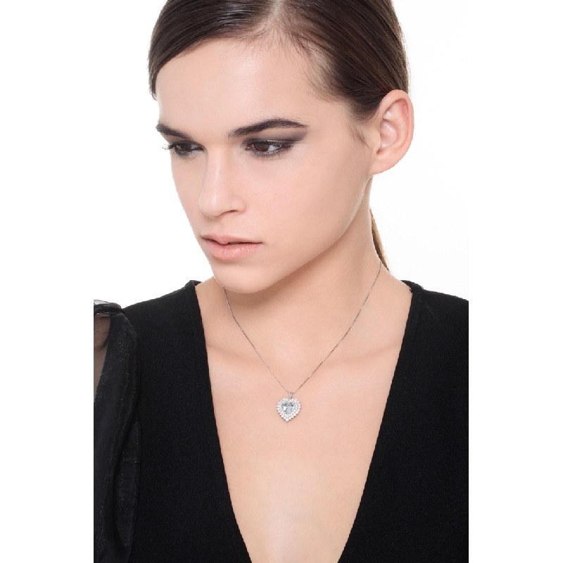 Weißgold DamenKette mit Diamant- und Aquamarin-Herzanhänger 