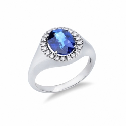 750er Weißgold Siegelring mit Saphir blau und Diamanten