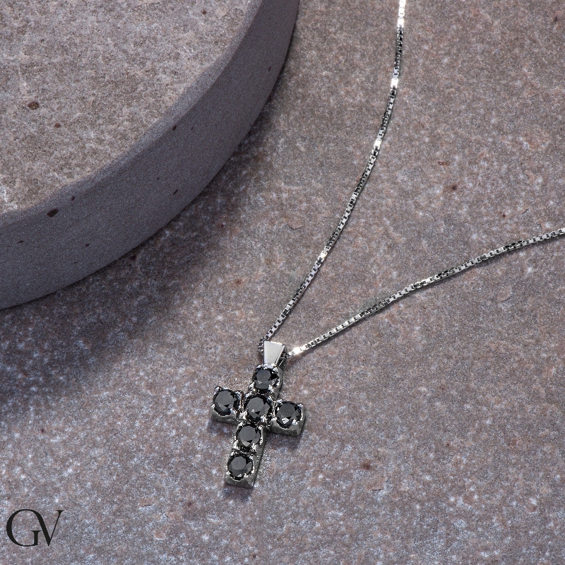 Herrenkette mit Kreuzanhänger aus Weißgold und schwarzen Diamanten