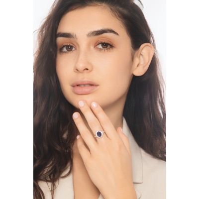 750er Weißgold Siegelring mit Saphir blau und Diamanten