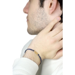 Armband mit blauem Textilband und nautischem Knoten Gelbgold 2