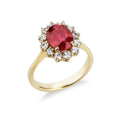 Gelbgold 750 Halo Ring mit Rubin und Diamanten