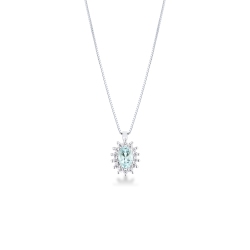 750er Weißgold Halo Kette mit Diamanten und Aquamarin