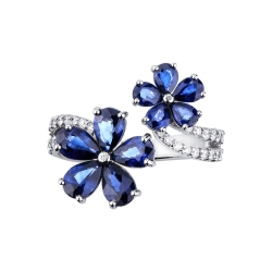 Weißgold 18 Karat Blumenring mit Saphir blau und Diamanten 2