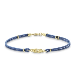 Armband mit blauem Textilband und nautischem Knoten Gelbgold