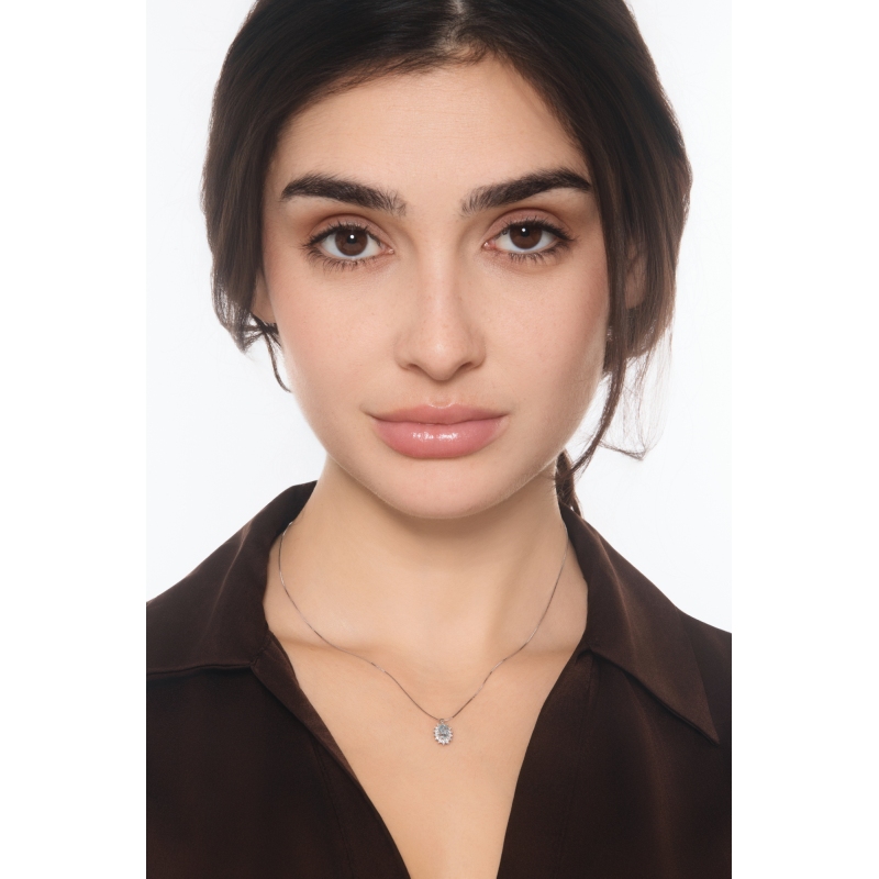 750er Weißgold Halo Kette mit Diamanten und Aquamarin 