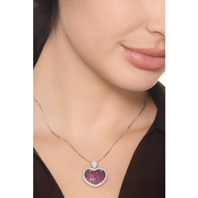Herzkette Weißgold 18k mit Rubinen und Diamanten 