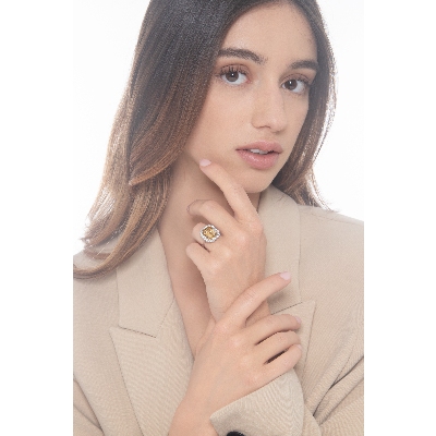 Halo Citrin Ring mit Brillanten aus Weißgold 