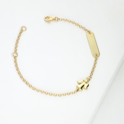 Gelbgold Kinder Armband mit Engel und Gravurplatte