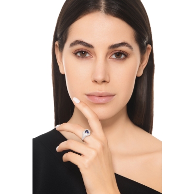 Damen Siegelring Weißgold Saphir blau und Diamanten