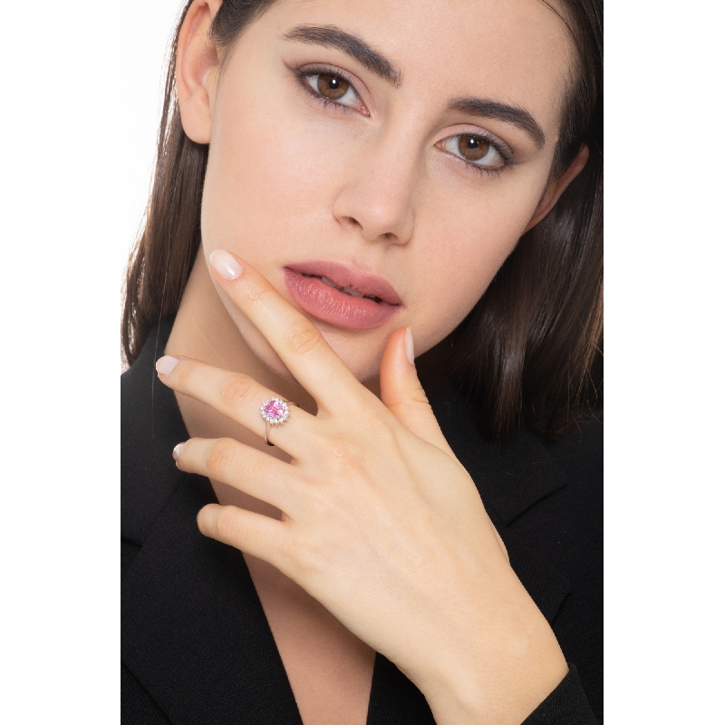 Halo Ring mit rosa Saphir und Diamanten aus Weißgold 18k  Halo Ring mit rosa Saphir und Diamanten aus Weißgold 18k