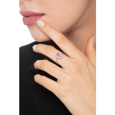 Halo Ring mit rosa Saphir und Diamanten aus Weißgold 18k 