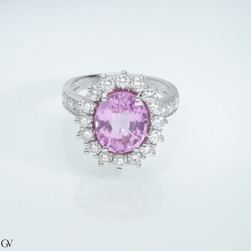 Halo Ring mit rosa Saphir und Diamanten