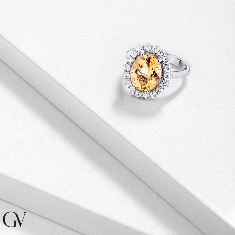 Halo Ring mit Citrin und Diamanten Weißgold Halo Ring mit Citrin und Diamanten Weißgold