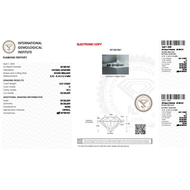 IGI-zertifizierter Diamant CT 0,51   D    VS2