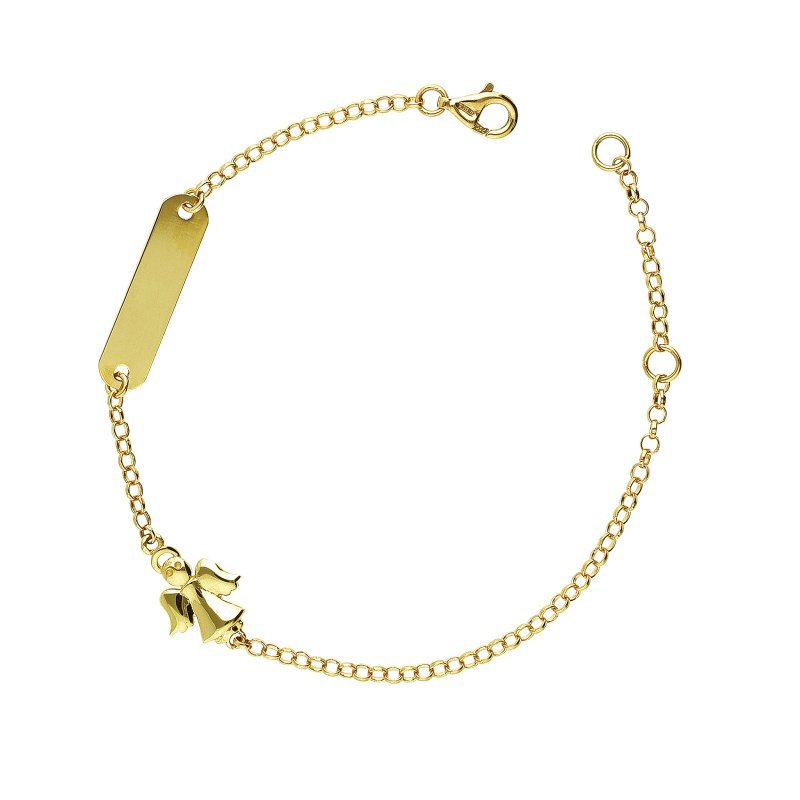 Gelbgold Kinder Armband mit Engel und Gravurplatte