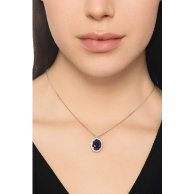 Saphir blau Halo Kette mit Diamanten Weissgold