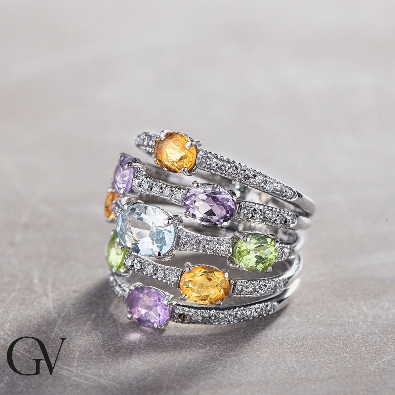 Weißgold Ring mit Aquamarin, Peridot, Citrin, Amethyst Weißgold Ring mit Aquamarin, Peridot, Citrin, Amethyst