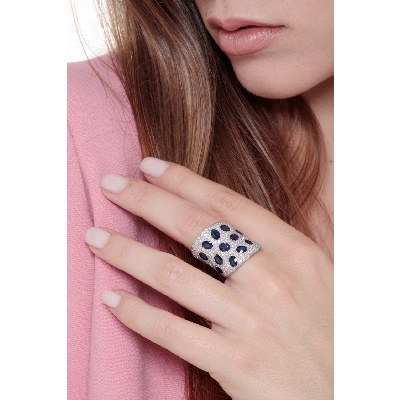 Diamant Pavè Fassung Ring 18k Weißgold mit blauen Saphiren