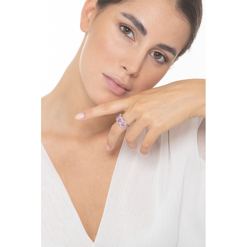 Trilogie Ring mit drei Halo Rosa Saphire mit Brillanten 