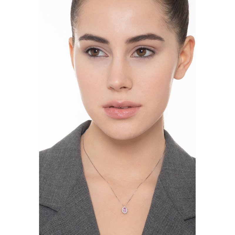 Weißgold 18k Halo Anhänger mit rosa Saphir und Diamanten 