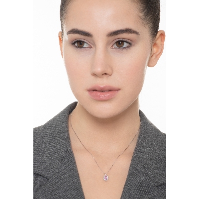 Weißgold 18k Halo Anhänger mit rosa Saphir und Diamanten 