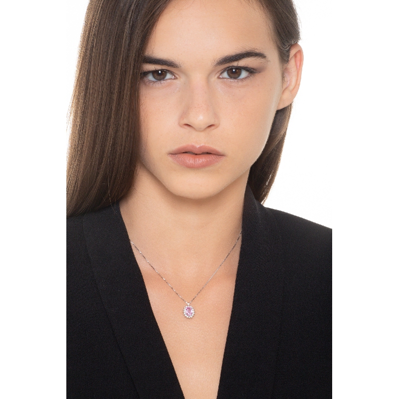 Rosa Saphir Anhänger Weißgold Kette mit Brillanten  Rosa Saphir Anhänger Weißgold Kette mit Brillanten
