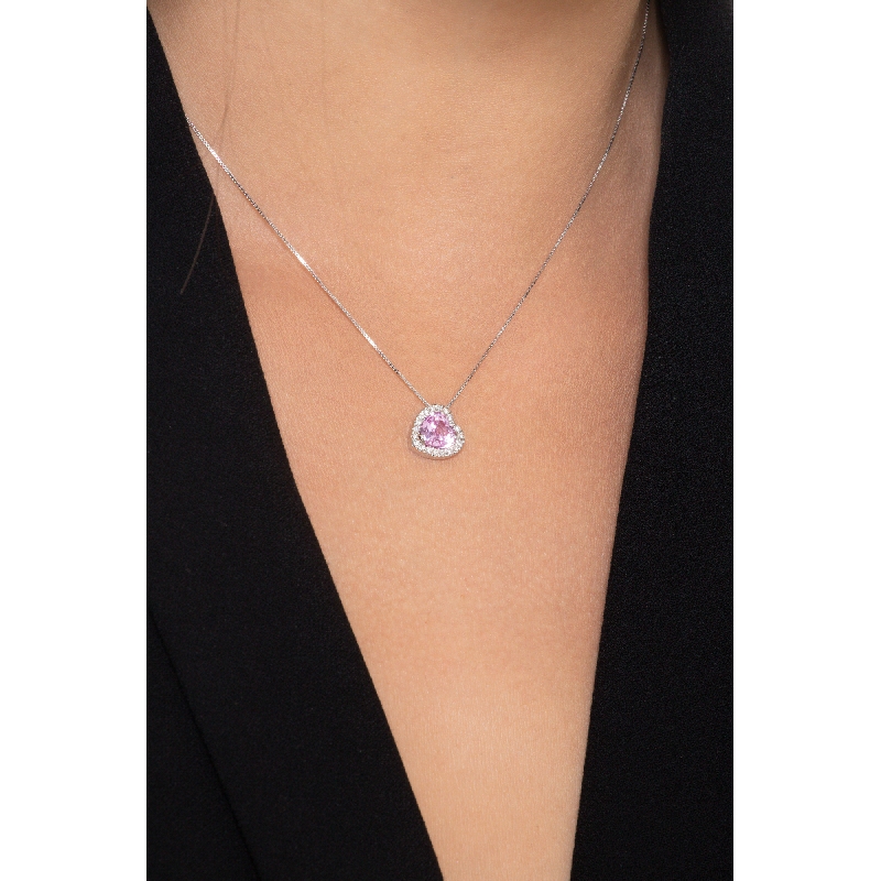 Halskette aus Weißgold mit Herzanhänger aus rosa Saphir und Diamanten