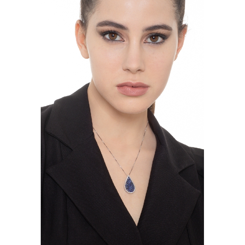 Weißgold Kette Damen mit blauem Saphir-Anhänger