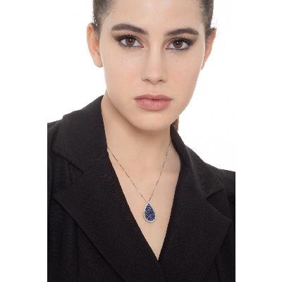 Weißgold Kette Damen mit blauem Saphir-Anhänger