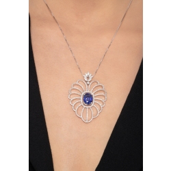 Weißgold-Damenkette mit Diamant- und Saphir-Anhänger 2