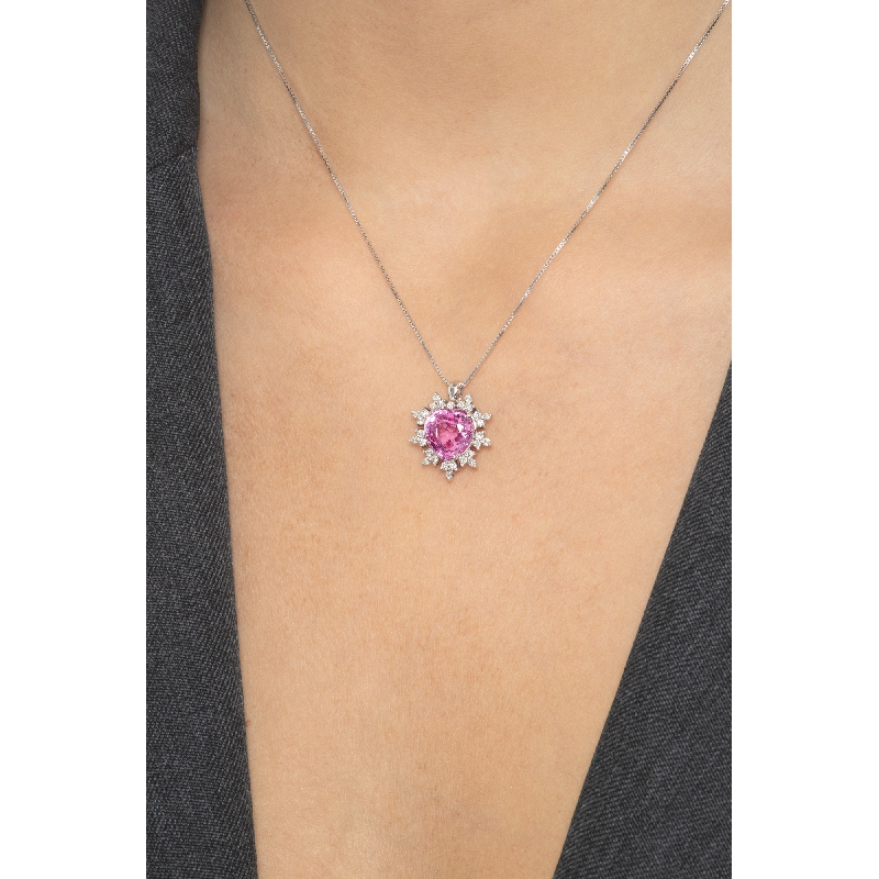 Weißgold Kette Damen Herz Rosa Saphir  Weißgold Kette Damen Herz Rosa Saphir