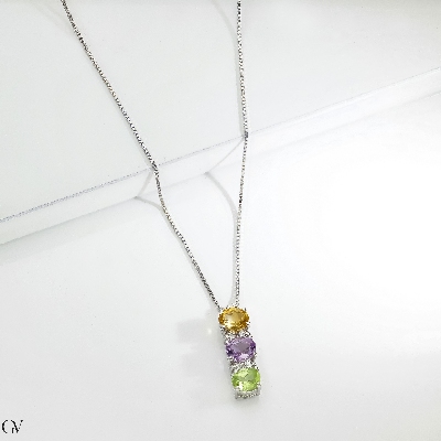 Kette aus Weißgold mit Citrin, Amethyst & Peridot Anhänger