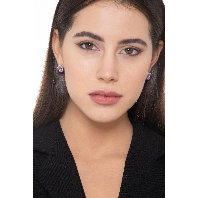 Weißgold 18k Halo Ohrstecker mit rosa Saphiren Ovalschliff und Diamanten 