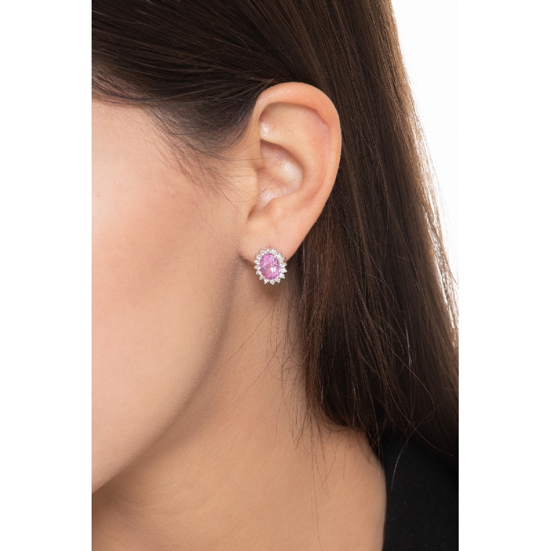 Weißgold 18k Halo Ohrstecker mit rosa Saphiren Ovalschliff und Diamanten  Weißgold 18k Halo Ohrstecker mit rosa Saphiren Ovalschliff und Diamanten