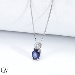 Anhänger-Halskette aus 18k Weißgold mit Diamant und ovalem blauem Saphir 2