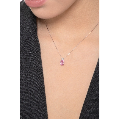 Halskette aus 18 Karat Weißgold mit rosa Saphir-Solitär und Diamanten